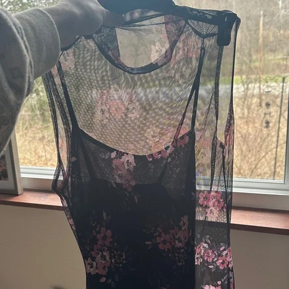 Charlotte Russe Black Mesh Midi Dress with Pink Floral Print - Picture 3 of 8